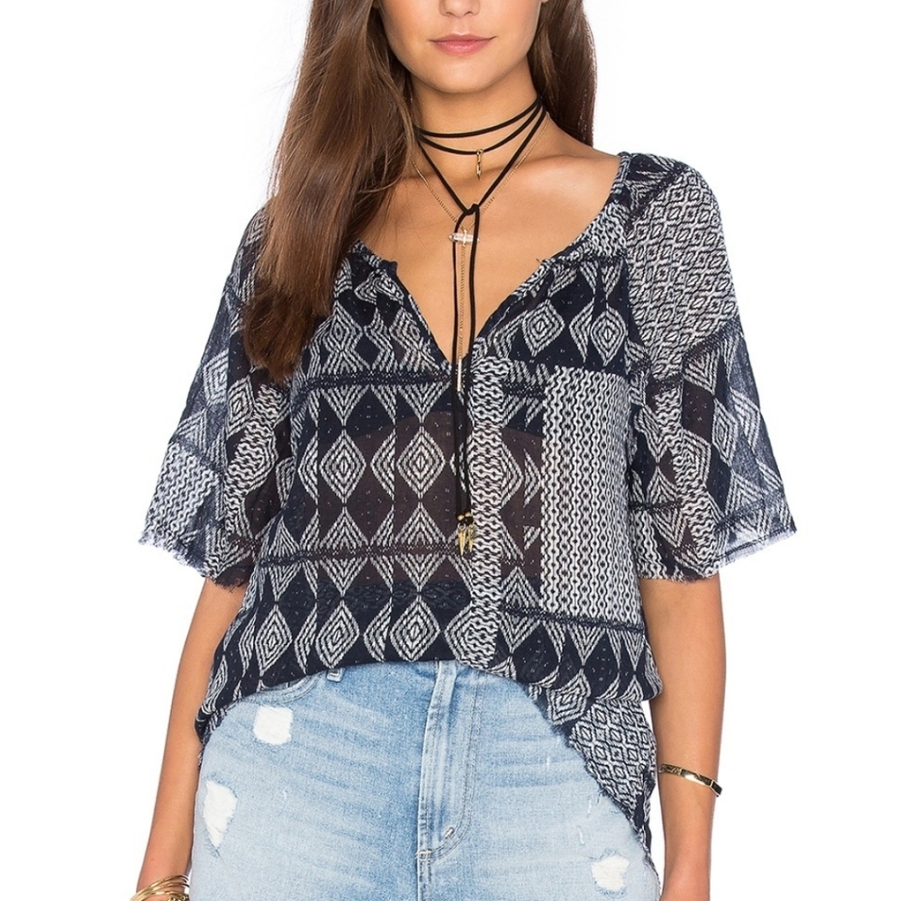Velvet by Graham and Spencer Mali Deep V Neck Blue and White Cotton Gauze Blouse